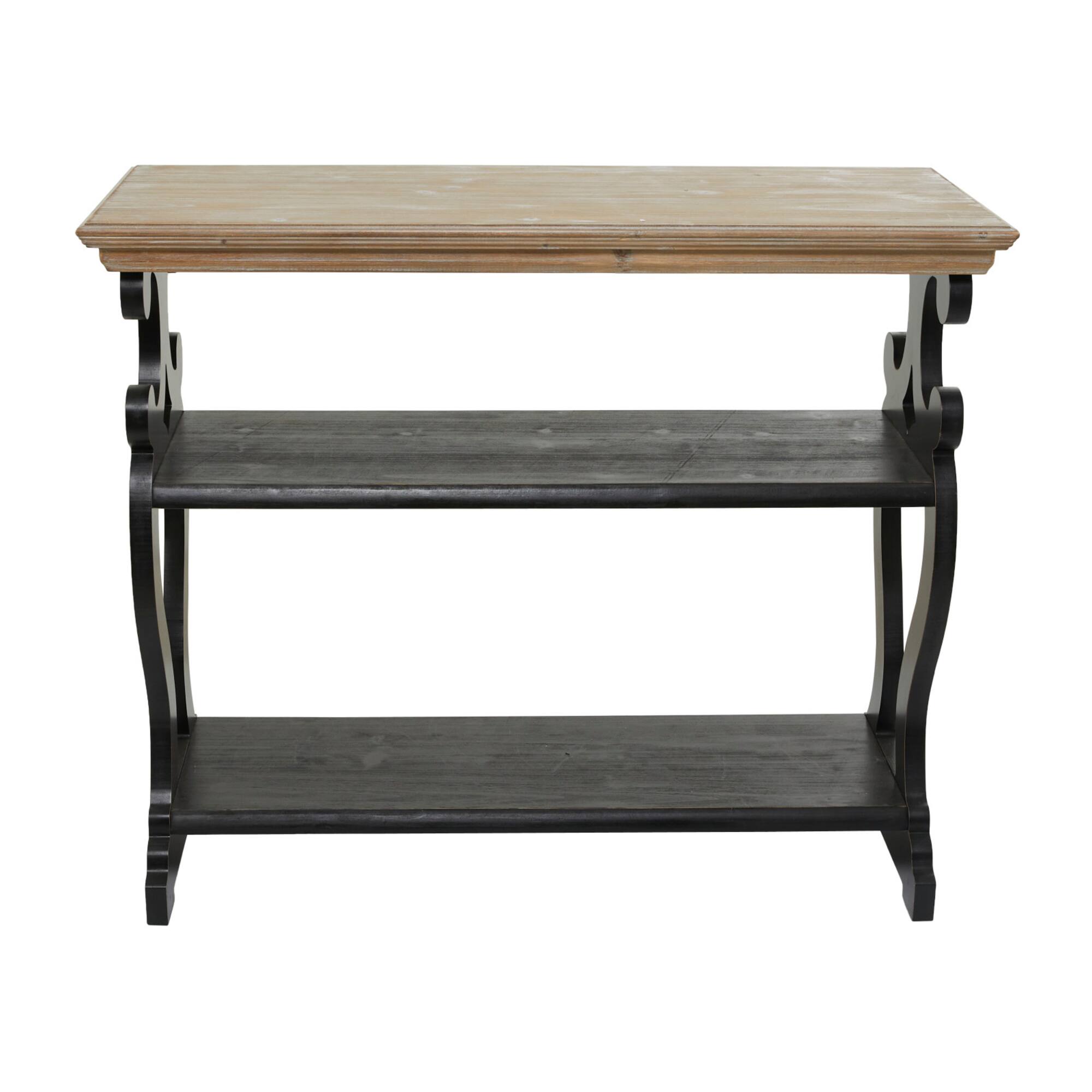 Black Wood Scroll Side Frames 2 Shelves Console Table with Brown Wood Top 38" x 15" x 32"